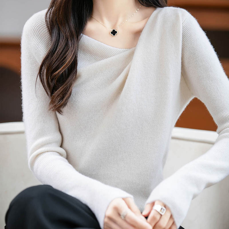 纯羊毛针织套头衫女式四平褶皱领内搭秋冬新款修身显瘦打底毛衣潮|undefined