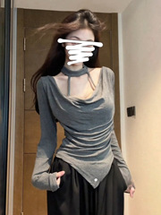 荡领长袖打底衫女纯欲风挂脖2025秋季韩版新款百搭不规则辣妹上衣
