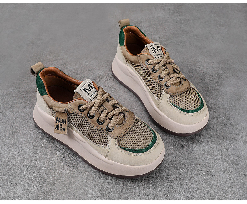 Giày sneaker nữ đế dày da bò thật lỗ thoáng khí phong cách retro — màu be chi tiết 13