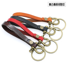 创意男女简约手工复古一字铜钉牛皮汽车钥匙扣防丢马蹄钥匙扣