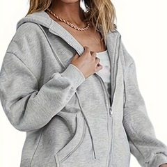 新しい純色の帽子とベルベットのトレーナー長袖コート女性街頭のゆるいジッパー上着-5046