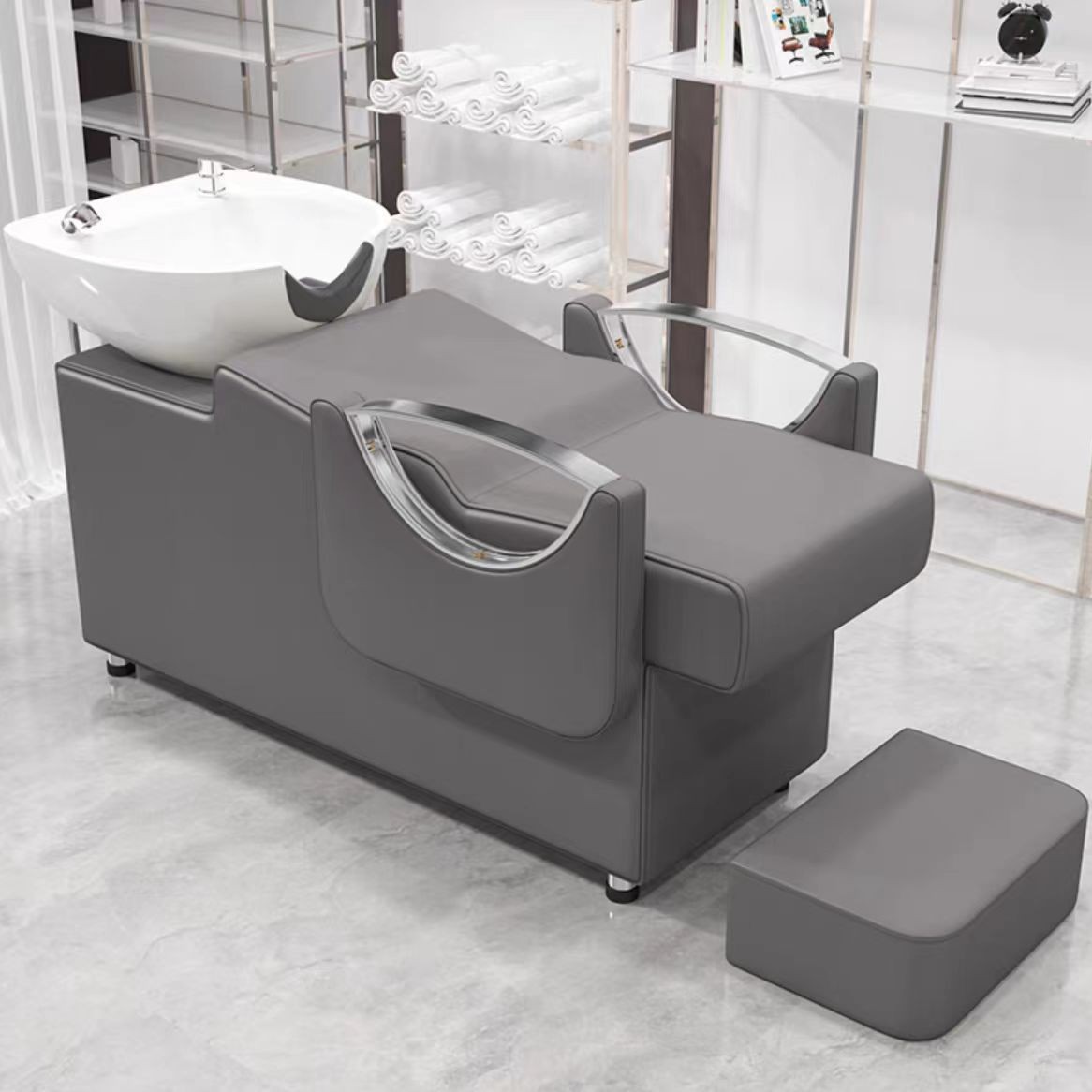 Cama de lavado de cabello para peluquería con reposapiés, lavabo de cerámica, cama de lavado de cabello semireclinable para peluquerías, cama de masaje y peluquería.