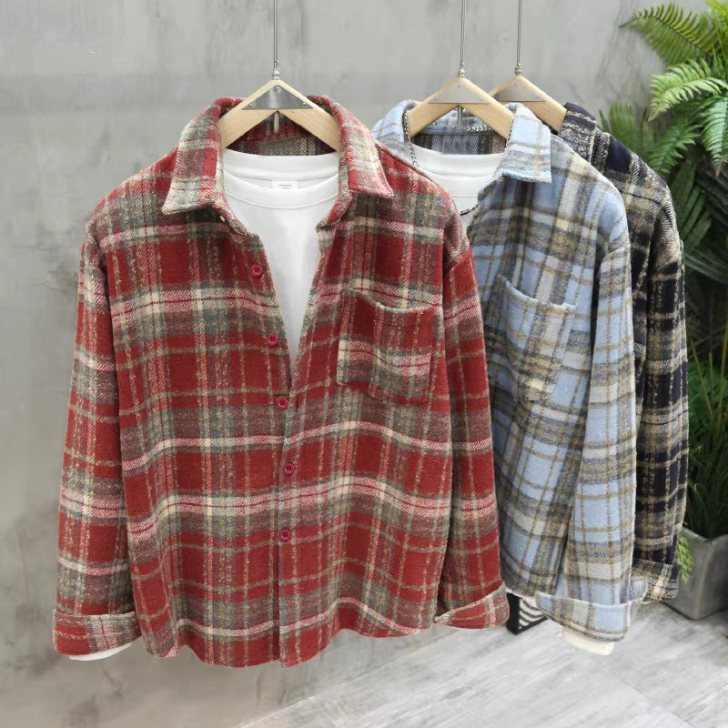 New Retro Woolen Brushed Plaid Shirt Jacket for Women, Lazy Style, Loose, Casual, Versatile, Slimming Look Lapel Shirt New Retro Woolen Brushed Plaid Shirt Jacket for Women, Lazy Style, Loose, Casual, Versatile, Slimming Look Lapel Shirt