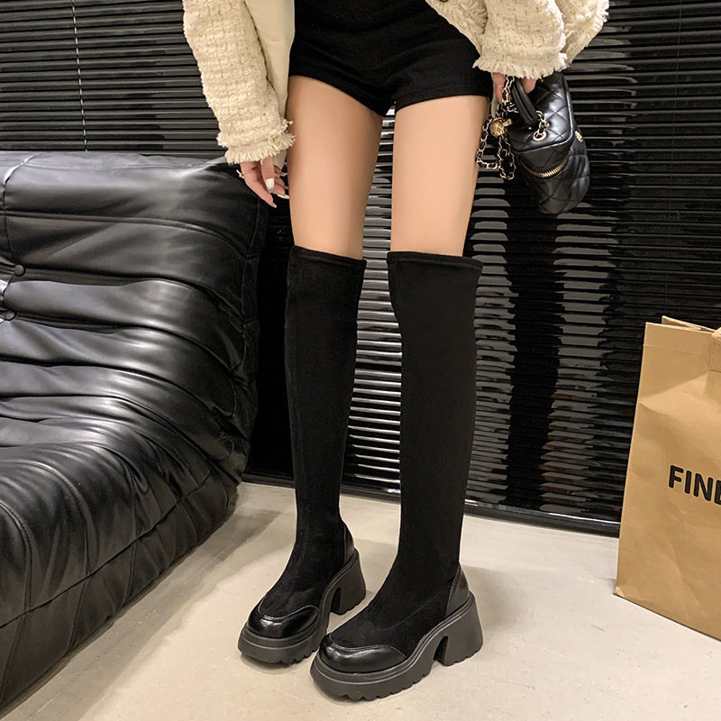 Small, thick soled, high-heeled, elastic, slim sock 2024 autumn and winter, retro Maillard knee high boots for women_voghion.com