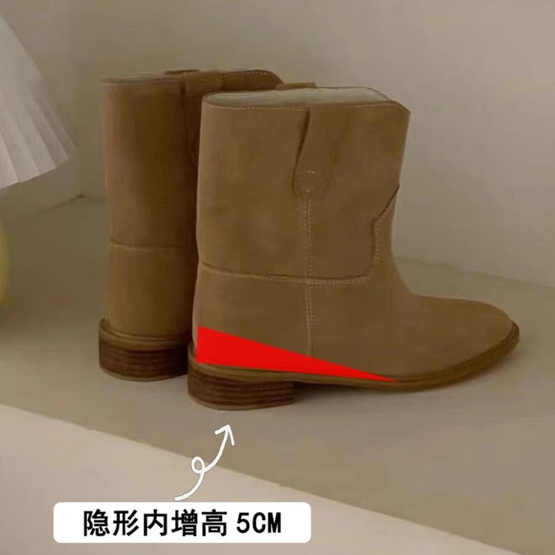 牛皮版~内增高韩版小众宽筒V口西部靴女粗跟真皮短靴方头时装靴子|undefined