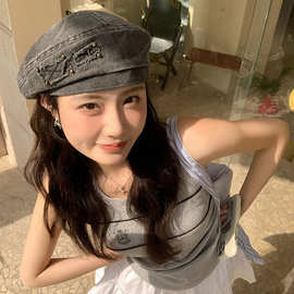 复古做旧水洗牛仔贝雷帽子女2025年春韩版新款休闲百搭画家帽子