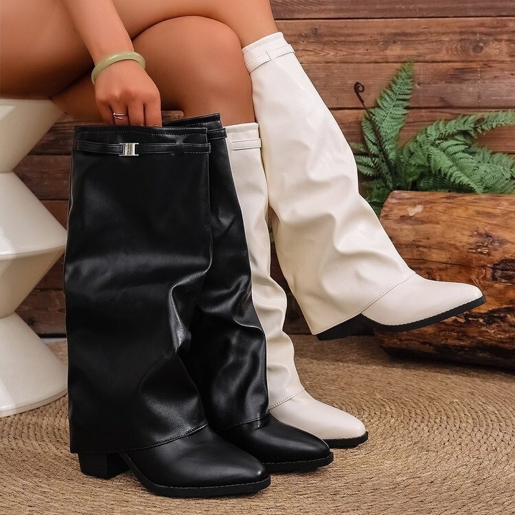 2025 New Cross-Border Pleated High-Heeled Fashion Boots Thick Heel Large Size British Style High-Leg Pants Boots for Women Wish 2025 New Cross-Border Pleated High-Heeled Fashion Boots Thick Heel Large Size British Style High-Leg Pants Boots for Women Wish