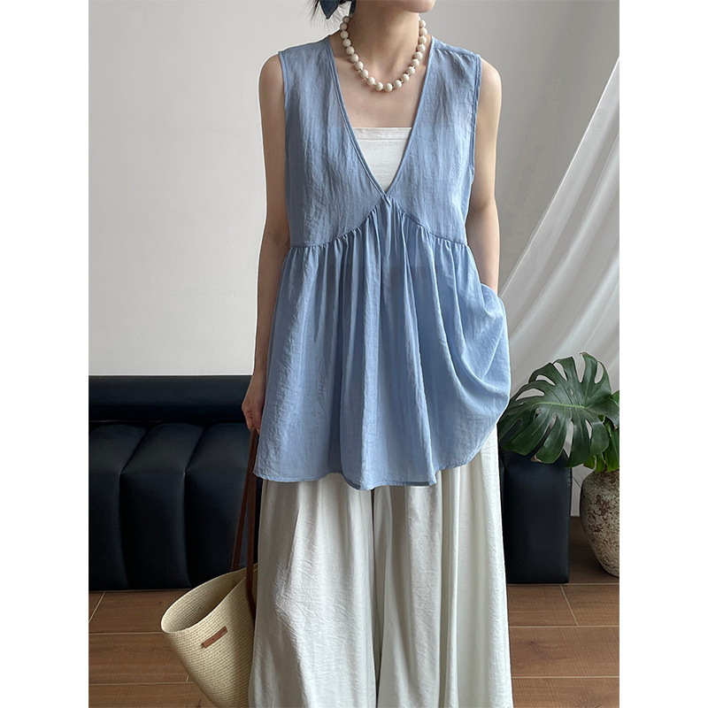 [Benefit Item, No Returns or Exchanges] Taochuan Korean Style Sleeveless Baby Doll Shirt for Women, Simple V-Neck Age-Reducing Top 2756