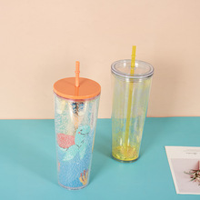 跨境热卖大容量双层塑料杯简约透明亮片塑料吸管杯大容量冷饮杯