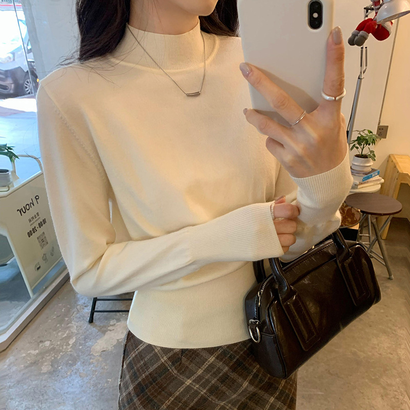 Korean Style Half-High Collar White Slim-Fit Knitted Base Shirt for Women, 2026 Autumn and Winter, Unique Design, Slimming Top Korean Style Half-High Collar White Slim-Fit Knitted Base Shirt for Women, 2026 Autumn and Winter, Unique Design, Slimming Top
