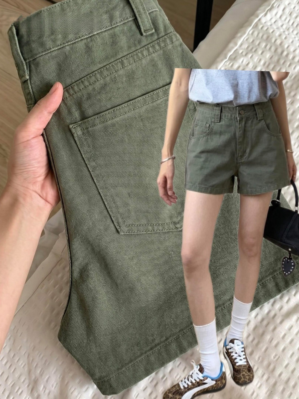 Recommended for Personal Collection~ Army Green Workwear Denim Shorts for Women, New Summer Style, High-Waisted Straight Wide-Leg Hot Pants