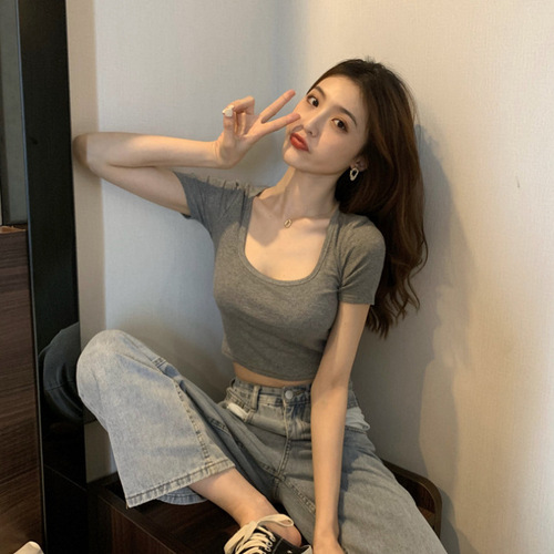 Korean-style women's new sexy sweet and spicy candy-colored short U-neck slim-fit tight short-sleeved T-shirt female top for summer