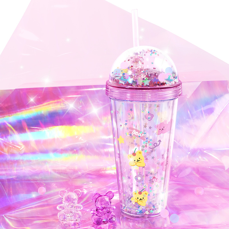Taza de agua de paja taza de agua de alto aspecto Oso de cristal de doble capa taza de gran capacidad creativa Red Cup ins estilo