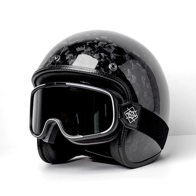 Motosiklet kaskı (dəbilqə) – Cruise American Retro Half Helmet - 700-forged-630-black-frame-silver-plated-black-belt-goggles-m