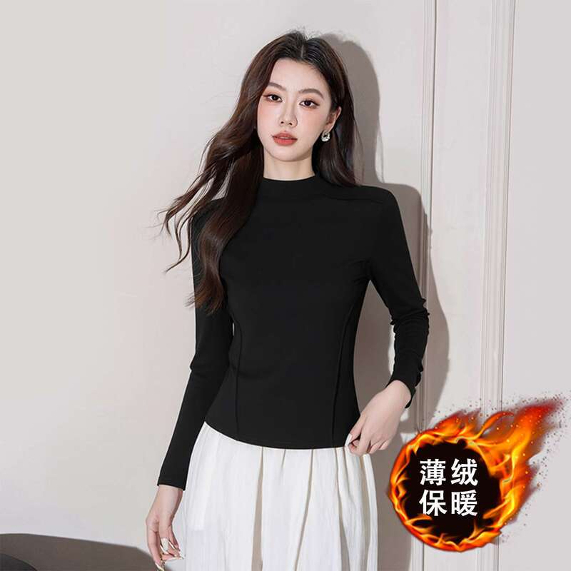 Black Half-Turtleneck Long-Sleeve Base Shirt for Women, New Autumn and Winter Style, Brushed Thin Fleece, Fishbone Slim Fit, Versatile and Warm Top