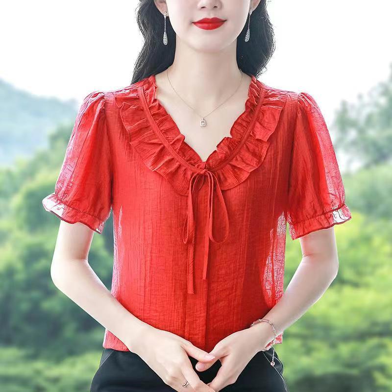 Summer New Fashion Versatile Short-Sleeved Ruffle Collar Shirt Women's Top Lace-Up Mom Chiffon Solid Color Shirt