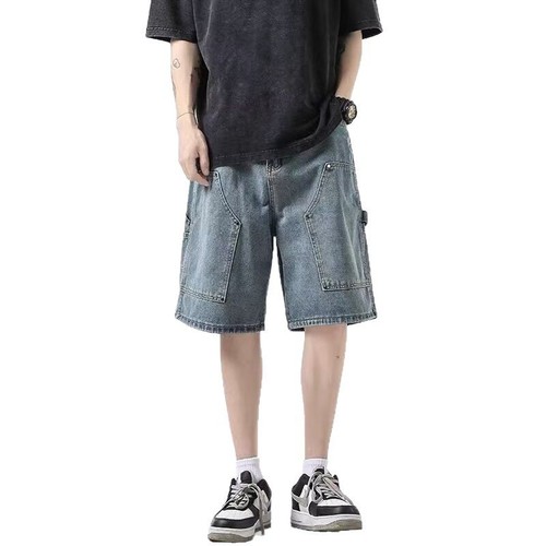 American-style high-street vintage denim shorts with big pockets, men's trendy brand loose-fit straight-leg capri pants, men's casual mid-length trousers—on-trend design