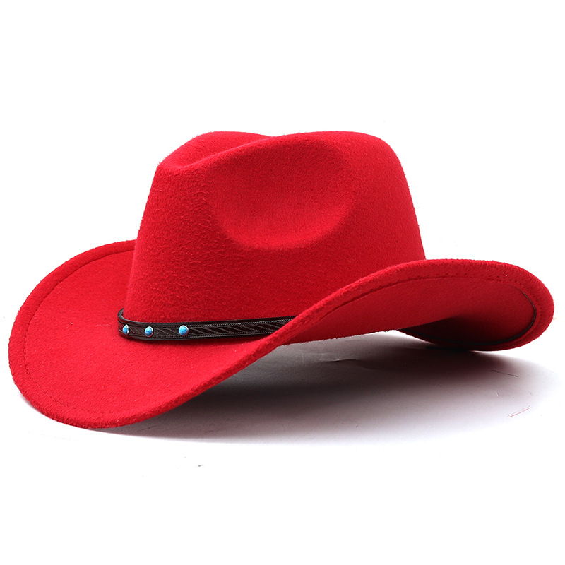 Cappello unisex semplice deformato cappello jazz in lana cappello a cilindro blu turchese cintura tinta unita cappello da cowboy western_voghion.com