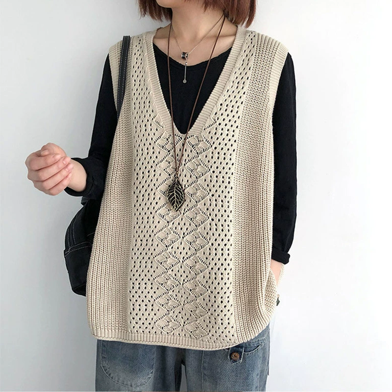 Knitted spring thin retro vest sleevless, oversize, V-neckline