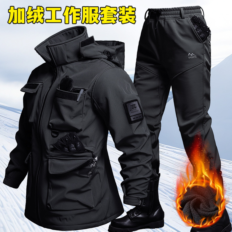 Invierno de lana impermeable y cálida ropa de asalto multibolsillo bicicleta al aire libre tácticas de pesca silvestre de cáscara suave trabajo resistente al desgaste