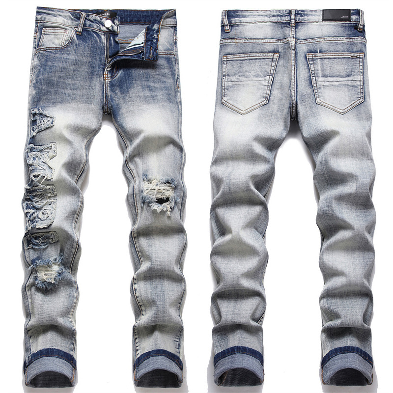 AM Export Slim Stretch All Year Round Splicing Cotton Stretch Embroider Leather Label Hole Print Fashion Men's European and AMerican Jeans AM Export Slim Stretch All Year Round Splicing Cotton Stretch Embroider Leather Label Hole Print Fashion Men's European and AMerican Jeans
