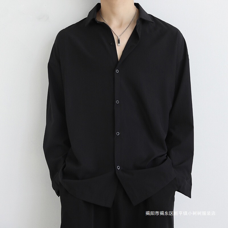 Loose Ice Silk Draped Black Shirt Men's Long-Sleeved Autum Trendy Handsome Dk Men's Jacket Casual Men's White Shirt Loose Ice Silk Draped Black Shirt Men's Long-Sleeved Autum Trendy Handsome Dk Men's Jacket Casual Men's White Shirt