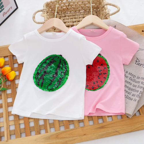 Children's Glitter T-Shirt Watermelon Strawberry Color-Changing Short Sleeve Girls' Top Boys' Half Sleeve Summer Clothing Manufacturer Dropshipping One Piece
