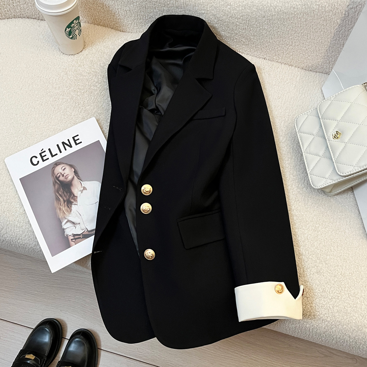 Women's black suit jacket, new spring 2024, Korean style, unique design, trendy and slimming.