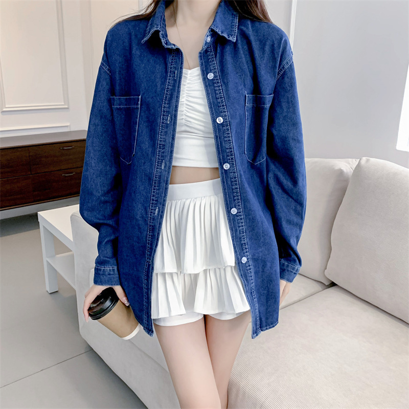 dark blue Denim Shirt Coat Women Loose 2024 Spring and Autumn New plus size chubby girl Retro Casual All-match Top