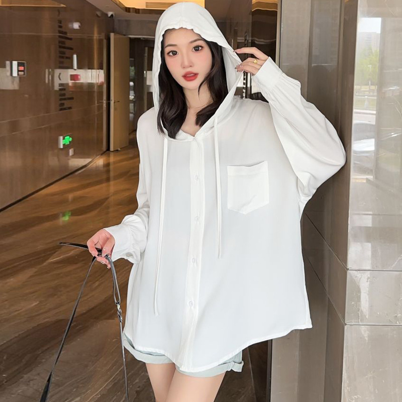 Cotton Silk Hooded Sun Protection Clothing for Women, Summer Thin Long-Sleeved Cardigan, Fashionable Loose Large Size Casual Lazy Sun Protection Clothing