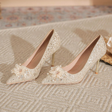 X101-A1法式主婚鞋秀禾两穿2024新款珍珠水钻花朵水晶鞋细跟单鞋