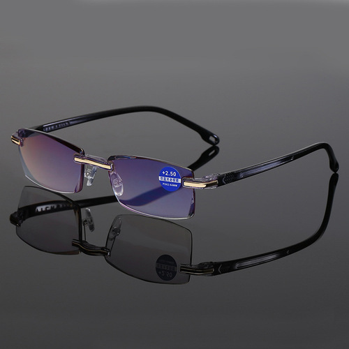  New Frameless Diamond Trim Reading Glasses Anti-Blue Light Blue Film Integrated Men's Reading Glasses Wholesale Metal