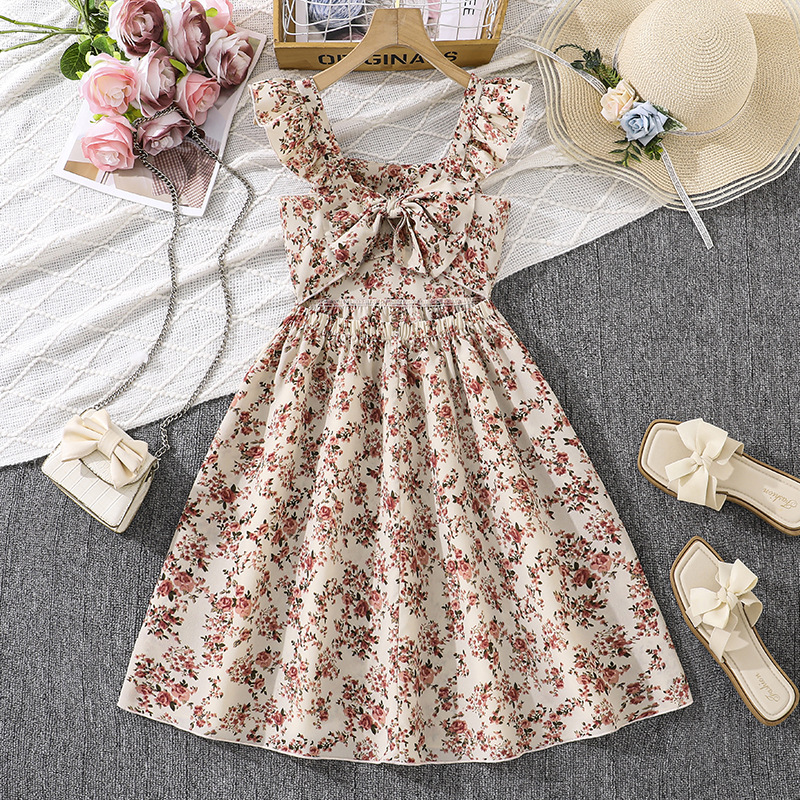 Girls French Style Summer Floral Dress Square Neck Ruffled Shoulder Strap Suspender Bow Children's Young Girls Clothing 8-16Y_voghion.com