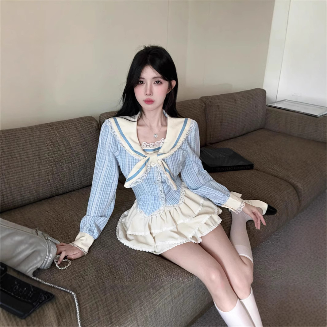 2024 봄 여름 우유 부서 착용 블루 스트라이프 JK 스타일 슬림 셔츠 케이크 투투 스커트 세트 여성