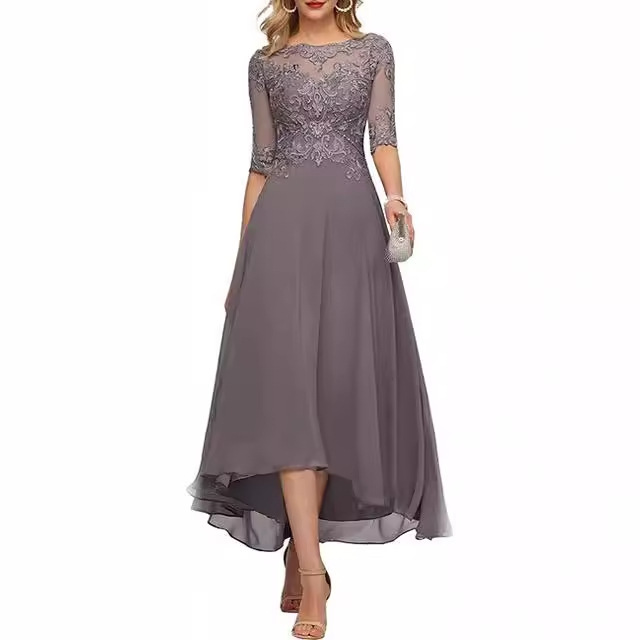 Dress with Elegant Temperament, Lace Applique, Half-Sleeve Formal Party Evening Dress, Chiffon Wedding Guest Evening Dress