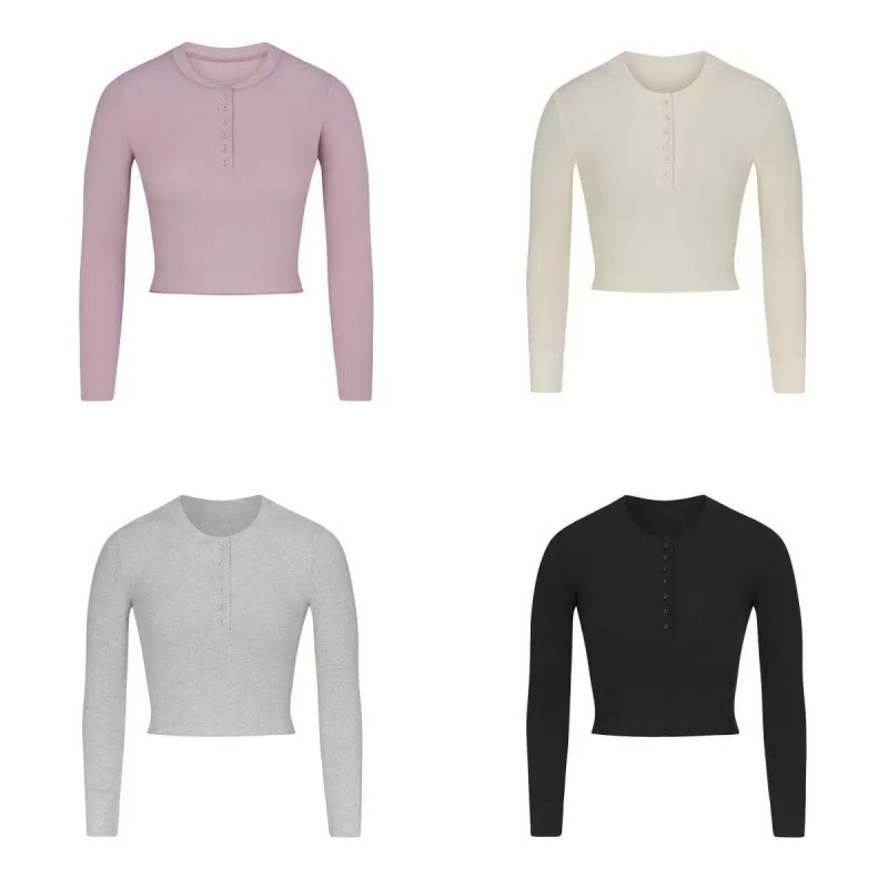 Skims Kardashian-Style Long-Sleeve T-Shirt, New Waffle Series Knit Pullover Top, Slimming Effect