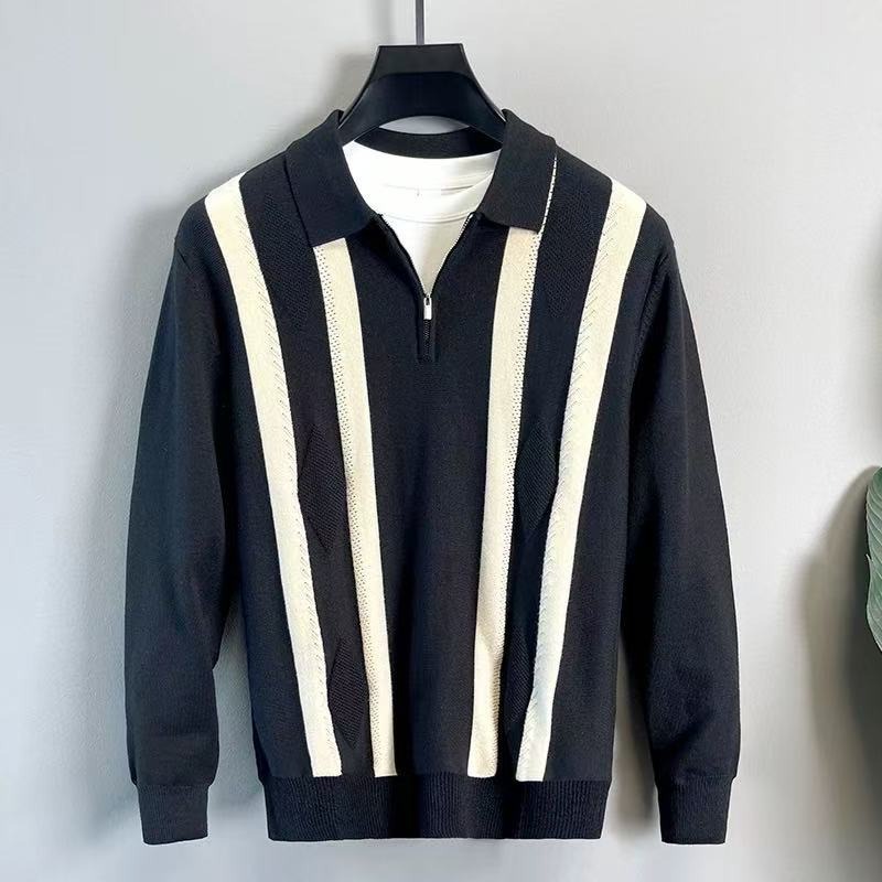Men’s Half-zip Striped Knitted Polo Shirt Warm Autumn Winter Top_voghion.com