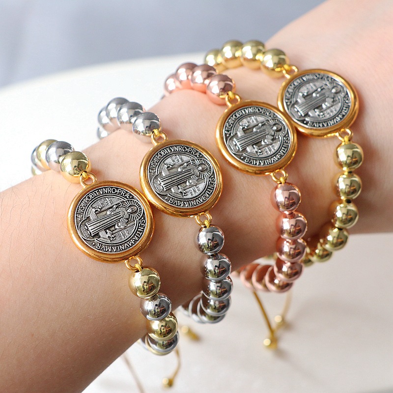 13g Weight Wholesale Jewelry Casual Vintage Style Religion Human Saint Benedict Copper Gold Plated Beaded Bracelets