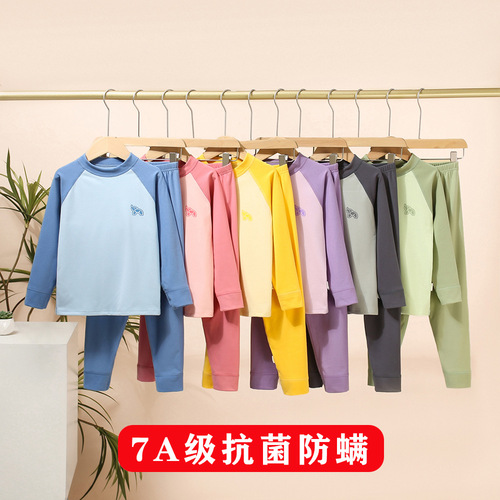 Children's Warm Innerwear Set 7A Antibacterial Boys' Autumn Top and Bottoms Base Shirt Girls' Pajamas Medium Kids Home Clothes