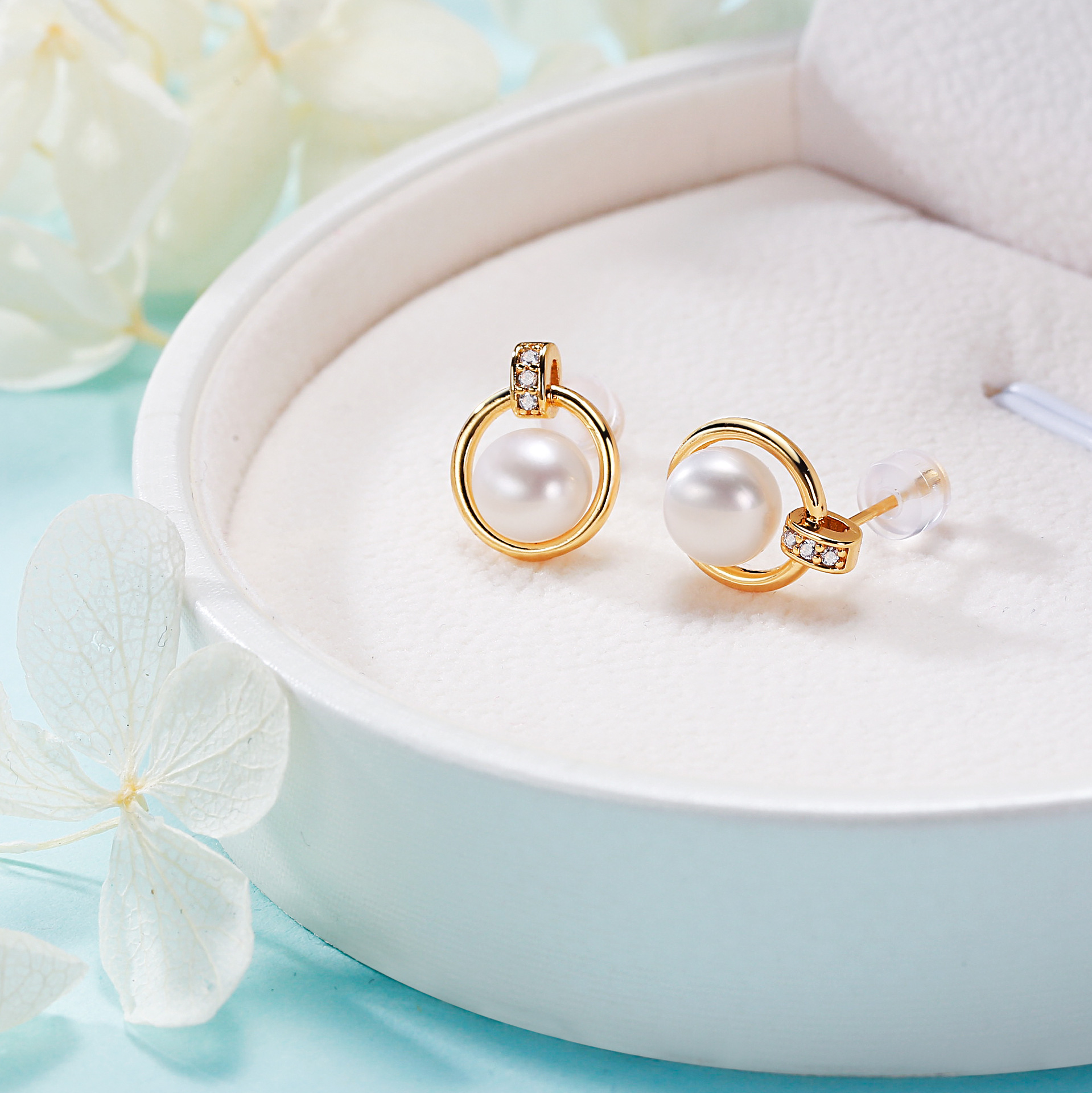 Pearl, Zircon Inlay Material Ear Studs Classification 1 Pair Freshwater Pearl Pearl Zircon Round Ear Studs