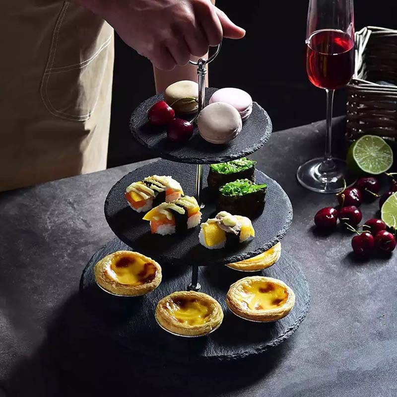 Estilo japonés y coreano de múltiples capas de pizarra negra soporte de la torta de cafetería placa de la torta de doble capa occidental postre plato de fruta Placa de oscilación