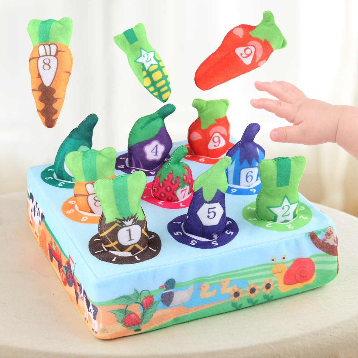 Educación temprana infantil simulación divertida caja de rabanes puzzle animales verduras cognición emparejamiento peludo caja de pescado juguete
