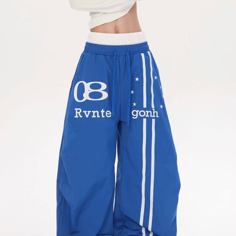 2026 Summer New American Hip-Hop Style Double Waistband Letter Print Wide-Leg Pants for Women Street Casual Long Pants
