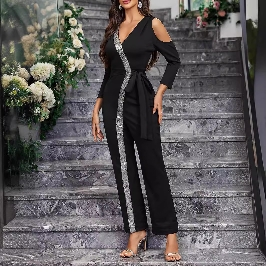 QQH primavera y verano Europa y los Estados Unidos comercio exterior nueva ropa de mujer Amazon manga larga color sólido pantalones casuales negros crossing overalls