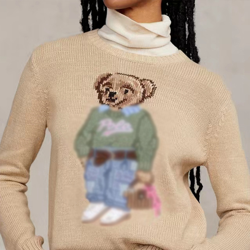 In Stock! Rl Bear Pattern Woven Flower Embroidered Knitwear Women's Round Neck Pullover Knitwear