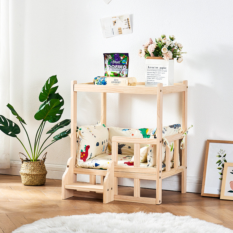 Cama para mascotas de madera maciza cama de perro de doble capa peluche perrera de perro pequeño cuatro estaciones mesita de noche universal nido de gato cama de perro de madera