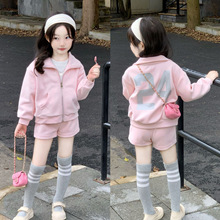 女童套装2025秋季新款韩版休闲印花卫衣外套短裤两件套跨境批发