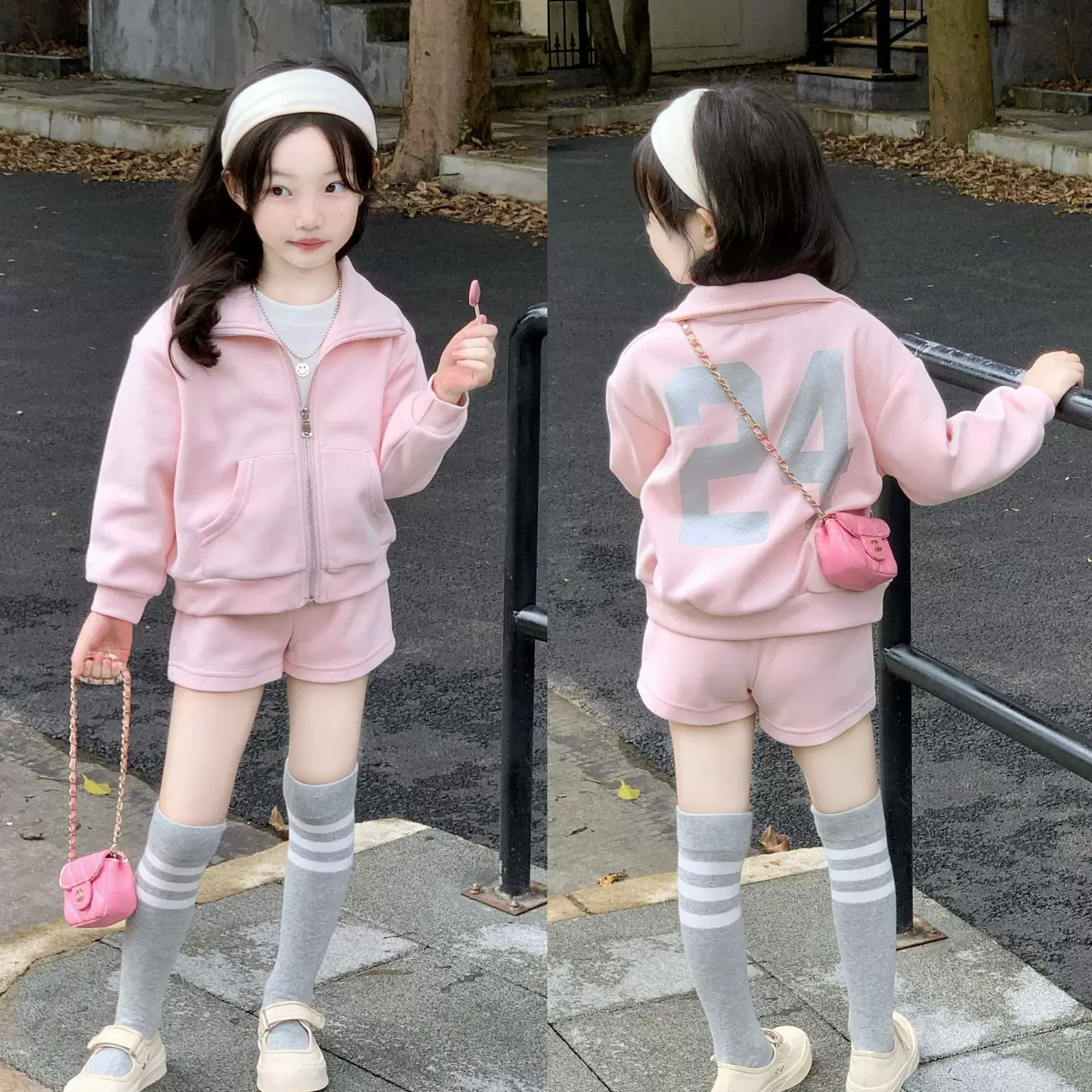 女童套装2025秋季新款韩版休闲印花卫衣外套短裤两件套跨境批发