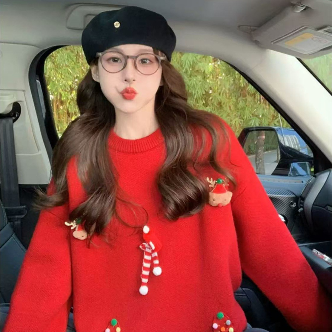 Suéter rojo perezoso para mujeres 2025 Navidad otoño y invierno nueva ropa de mujer casual versátil camiseta de punto de cuello redondo image 3