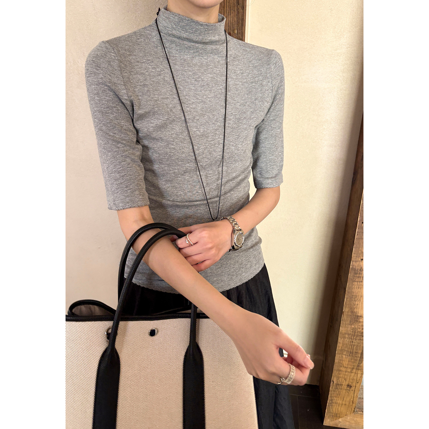 Women's solid color half-high collar, mid-sleeve, versatile basic slim-fit lace T-shirt, suitable for inner or outer wear, comfortable, YE0251
